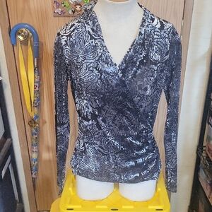 Karen Kane Black and Gray Paisley Wrap Blouse